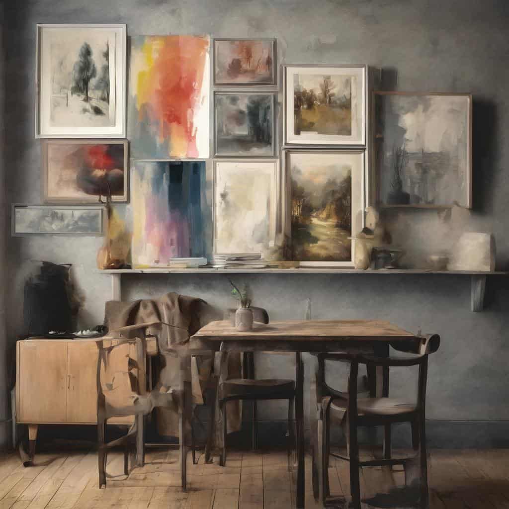 Ζωγραφικοί πίνακες σε εντυπωσιακό συνδυασμό χρωμάτων και στυλ, διακοσμούν εσωτερικό χώρο με έμφαση στον εσωτερικό ρυθμό της δημιουργίας και την τέχνη.