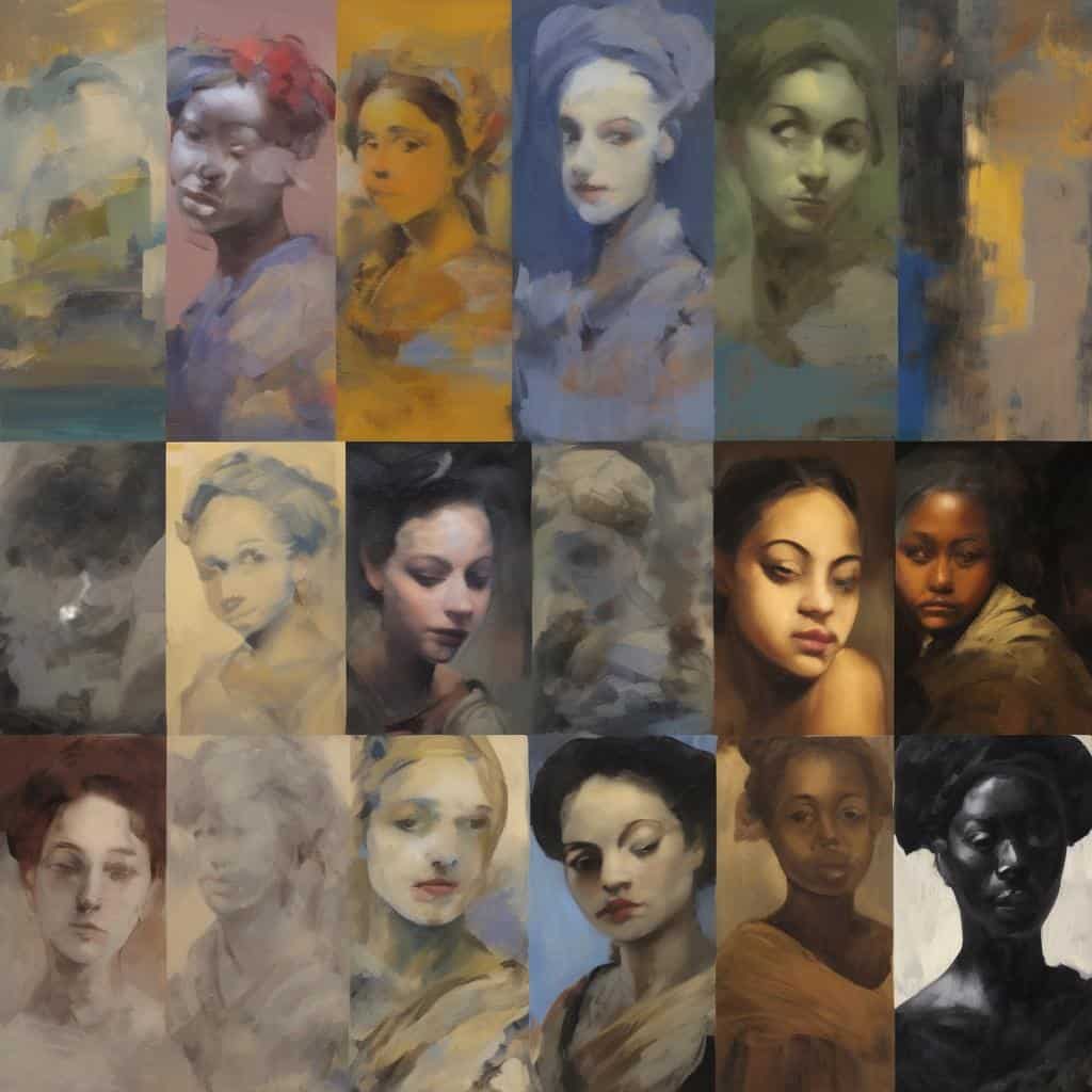 Ζωγραφικά πορτρέτα γυναικών, τέχνη εσωτερικού ρυθμού της δημιουργίας, σύγχρονη ακουαρέλα, ζωγραφική σε καμβά, εσωτερική έμπνευση και καλλιτεχνική έκφραση, εικόνες ανθρώπων, έμπνευση και δημιουργικότητα.