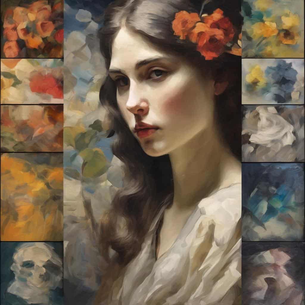 Οπτική αποτύπωση εσωτερικού ρυθμού δημιουργίας με μοντέρνο πορτρέτο γυναίκας και αφηρημένα λουλούδια σε ζωγραφικό στυλ, συνδυάζοντας τέχνη και αυτοέκφραση.