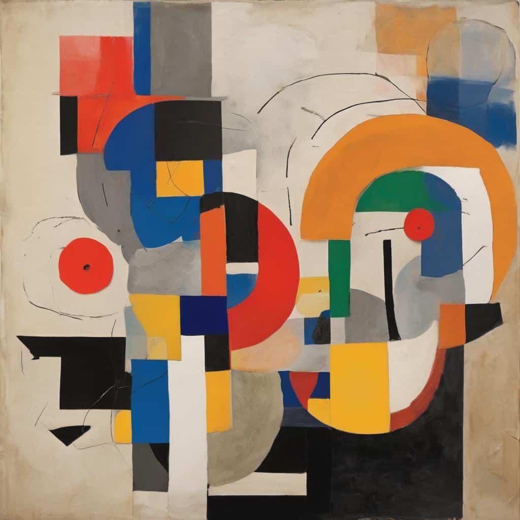 Ζωγραφιά αφηρημένης τέχνης με γεωμετρικά σχήματα και ζωντανά χρώματα που αντικατοπτρίζουν τον εσωτερικό ρυθμό της δημιουργίας και την πολύπλευρη έκφραση.