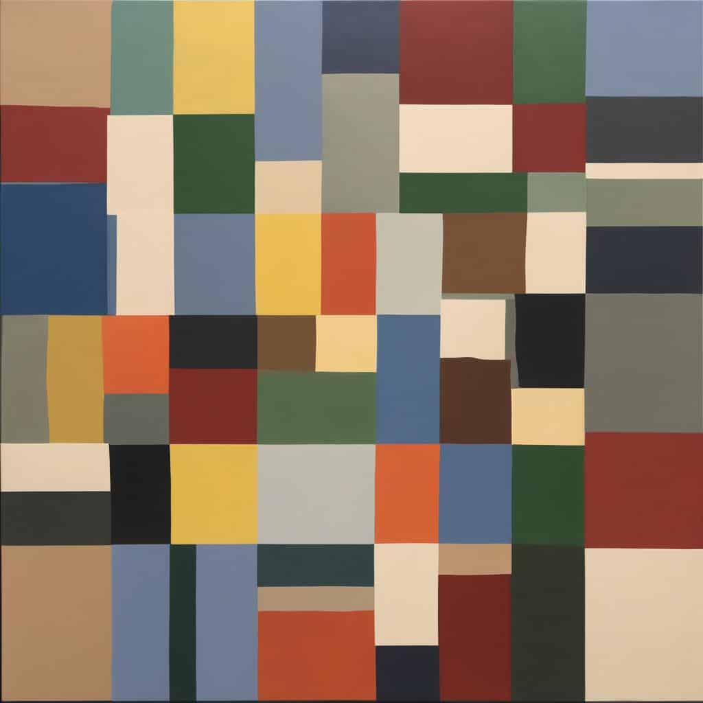 Ζωγραφική αφηρημένου στυλ με πολύχρωμα τετράγωνα και ορθογώνια που δημιουργούν μια αρμονική σύνθεση, αναδεικνύοντας τον εσωτερικό ρυθμό της δημιουργίας.
