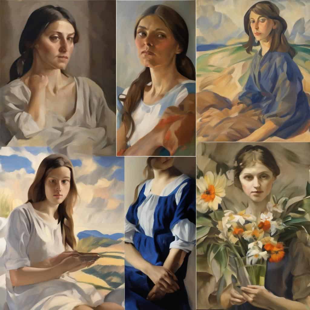 Αυθεντικές πορτρέτες γυναικών με εσωτερικό ρυθμό δημιουργίας, ζωγραφισμένα με εκλεπτυσμένη τεχνική και έμφαση στη λεπτομέρεια, ενισχύοντας την εκφραστικότητα και την αισθητική του έργου.