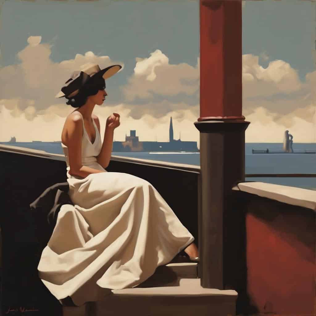 Λίγη γυναίκα σε καπελάκι καθισμένη σε μπαλκόνι με θέα στην πόλη, εκφράζοντας εσωτερικό ρυθμό δημιουργίας και ηρεμίας, με φόντο το ηλιόλουστο τοπίο και τον ουρανό, ιδανικό για έμπνευση και εσωτερική αρμονία.