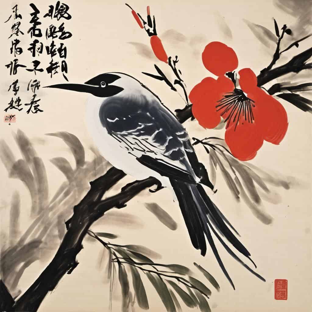 Ορνιθοπαραδοσιακός πίνακας με μαύρο πουλί και κόκκινα λουλούδια σε κινεζικό στυλ, αναδεικνύοντας την εσωτερική ρυθμική δημιουργία και την αρμονία στη φύση, σε παραδοσιακή τέχνη.